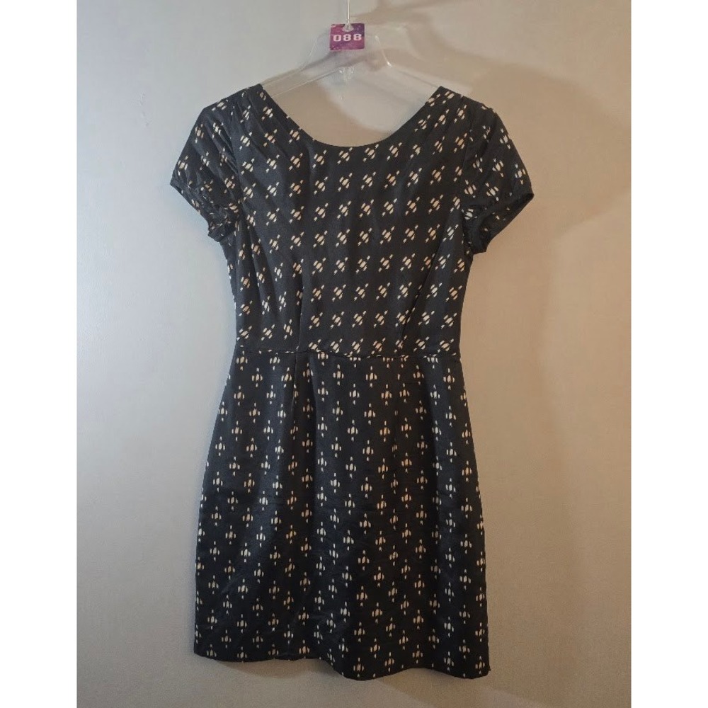 J.Crew Women Dress Black White 100% Silk Ikat Print Fit Flare Mini SS Size 00